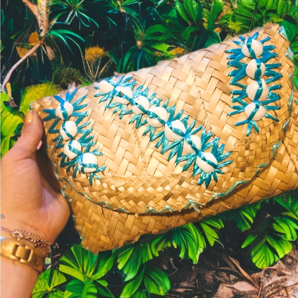 None Handbags - Handwoven Tan and Blue Clutch